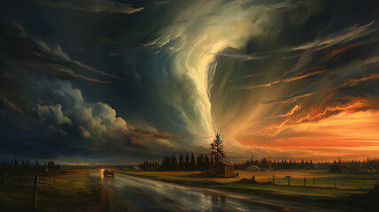 Wall Mural - drawing of a tornado on the road in a field sunset colors.