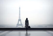 Beauty, Fashion And Style Concept. Minimalist Woman Model Portrait In Paris City Landscape Background. Foggy City With Eiffel Tower In Background. Black And White Image. Generative AI