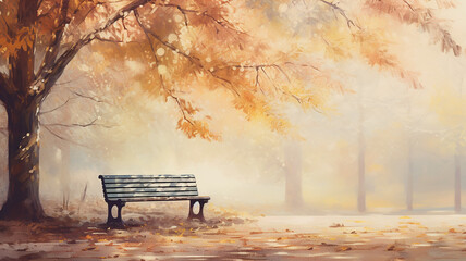 Wall Mural - a bench in an autumn park landscape in the morning fog and tranquility background with a copy of spa