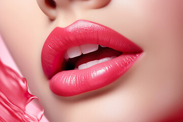 A close-up macro shot of a vibrant pink lipstick on a womans open, groomed lips, exuding passion and sensuality