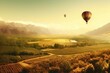 gorgeous mountains a dawn over the valley grapes and a hot air balloon. Generative AI