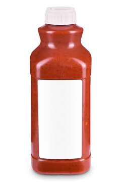 Bottle of red sauce with blank label isolated on a white background. Mock-up for product design.  Pizza, ketchup, salsas, taco, hot sauce, pizza, BBQ, asian style sauce
