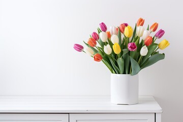 Poster - A collection of tulip flowers arranged in a bouquet placed on top of a set of drawers, located close to a white wall.