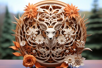 A digital art, Moose fase combined with flowers crafted by papers in kirigami style illustration, quilling