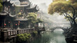© kichigin19 - landscape in an ancient Chinese city with waterfalls and mountains.