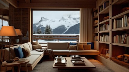 Wall Mural - The interior design of modern wooden living room with bookshelf and alps mountain view. Generative AI AIG27.