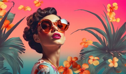 Wall Mural - Beautiful woman with sunglasses, Tropical photo collage, in the style of modernism-inspired portraiture, retro pop art inspirations