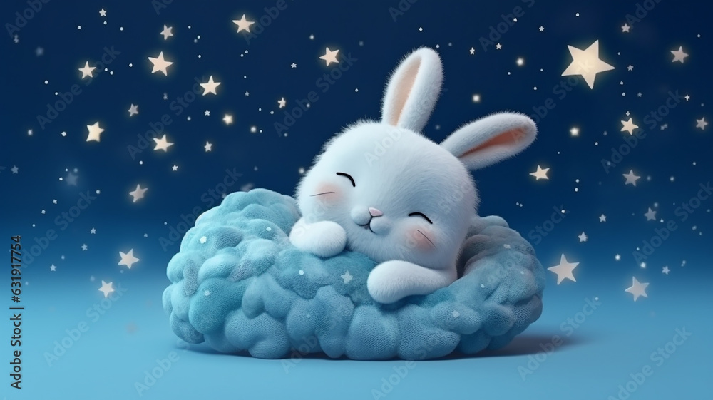cute little bunny rabbit sleeping on a cloud watercolor drawing. Stock ...