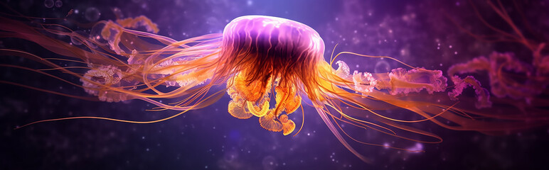 Poster - fantastic glowing jellyfish, ocean alien underwater creature.