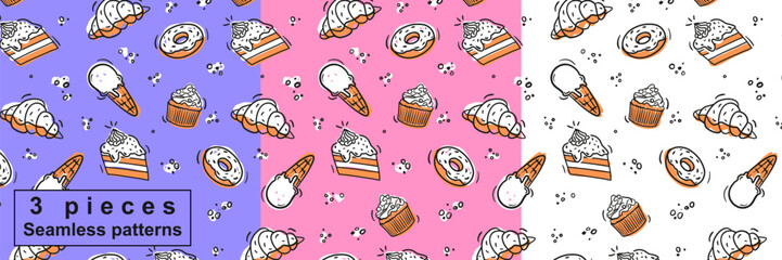 bakery pattern seamless ice cream cone pastry cake donut cupcake wallpaper background carpet cover wrap template concept colorful doodle cartoon yellow brown beige package textile fabric banner menu