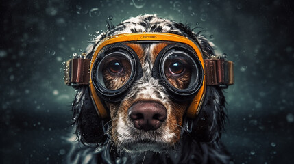 Poster - a freediver dog dives in clear water in summer.