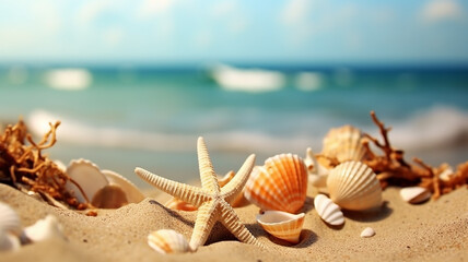 Wall Mural - sea abstract background vacation shells sand beach.