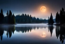 Moon At Night Over The Lake Ai Generated