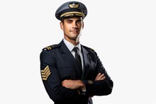 a closeup photo of a young american aircraft plane pilot with uniform and his hat standing with his hands crossed. isolated on white studio background with a lot of blank copy space. Generative AI