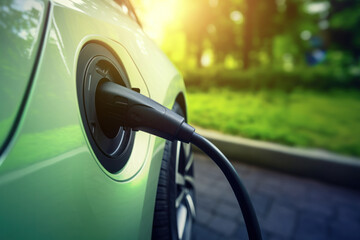 EV car at charging station, plugged in, blurred nature background. Eco-friendly energy concept.