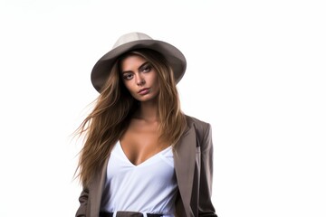 a photo portrait of a young beautiful american fashion stylist designer woman with a suit and a hat standing isolated on white studio background. Generative AI