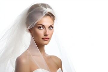 Wall Mural - closeup photo of a beautiful woman bride with wedding dress and bridal veil. isolated on white studio background. Generative AI