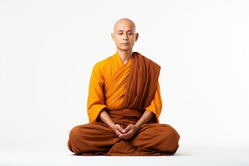a photo of a bald buddhist monk with orange robe sitting in the lotus pose, isolated on white backgr
