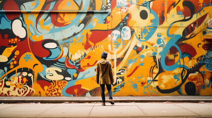 Abstract mural of a streetwear enthusiast walking downtown, colorful graffiti backdrop, bold and modern, fisheye lens perspective, grainy film texture