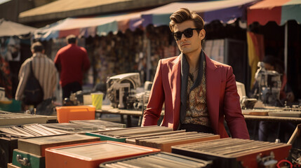 Wall Mural - a trendy street vendor, wearing a vintage blazer, wide - leg trousers, band tee, aviator sunglasses, selling vinyl records at an outdoor city market