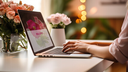 happy woman reading blog about flowers or flowers shop online on computer
