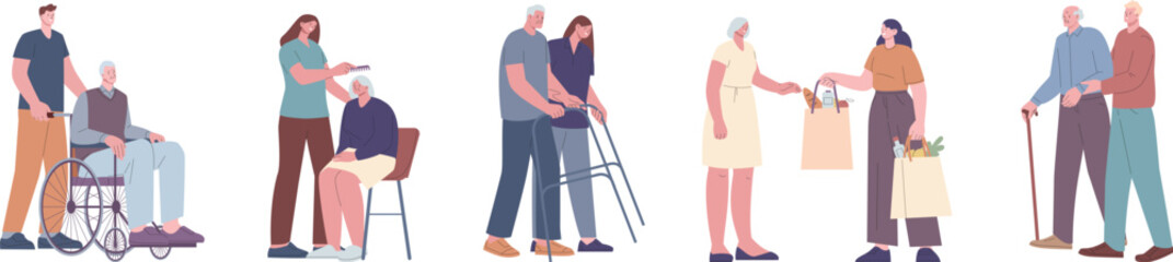 Care and helping characters, social workers help elderly. Old man walk in wheelchair with volunteer, girl caring on grandma. Nurses kicky vector set