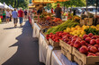 A vibrant and diverse farmer's market scene, bustling with vendors and customers, showcasing an array of fresh summer produce.