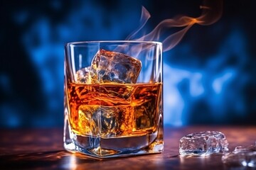 Canvas Print - Whiskey. Whiskey in a glass with ice and smoke on a black background, close up.