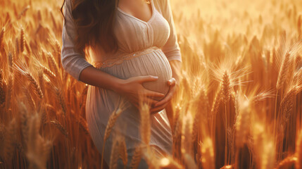 pregnant woman in pretty beige lace long dress on wheat field. creative concept wallpaper of motherh