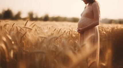 pregnant woman in pretty beige lace long dress on wheat field. creative concept wallpaper of motherh