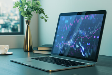 Aufkleber - Close up of laptop with forex chart at workplace with coffee cup, decorative plant and window with city view. Trade, finance and stock market concept. 3D Rendering.