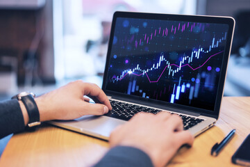 Poster - Close up of businessman hands at wooden desk with pen using laptop with glowing growing forex chart on blurry office background. Trade, finance and stock market concept.