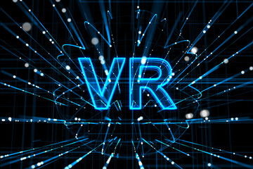 Aufkleber - Creative VR globe and lines hologram on dark background. Virtual reality and metaverse landing page concept. 3D Rendering.