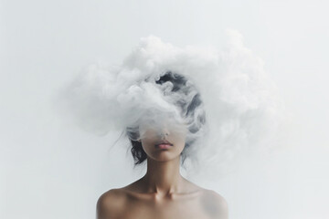 A young woman with her head in a misty cloud. The concept of depression, addiction, loneliness and mental health. 