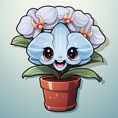 Wall Mural - A blue flower with horns in a pot. Digital image. Emoji cartoon face.