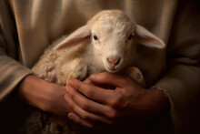 The Hands Of Jesus Christ Gently Holding A Lamb. Conceptual Image Depicting A Sense Of Protection And Care. AI Generated Image