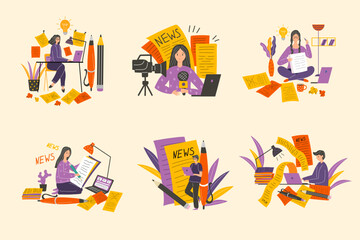 Aufkleber - Journalist. Copywriter working at laptop blogger writing articles typing at tablet recent vector concept stylized illustrations
