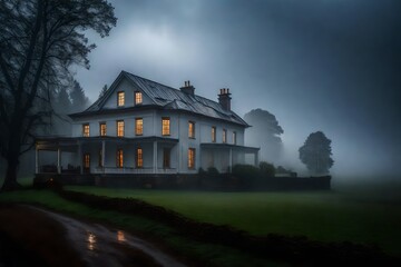 Wall Mural - An elegant country house standing proudly in the rain. AI Generative