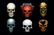 Human skulls set. Colourful vector illustration on black background.