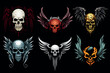 Human skulls and wings. Colourful vector illustration on black background.