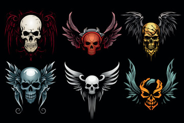 Wall Mural - Human skulls and wings. Colourful vector illustration on black background.