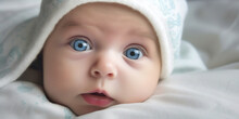 New Born Baby With Blue Eyes With A White Blanket 