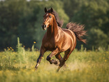 Fototapeta Konie - A regal horse galloping through a meadow