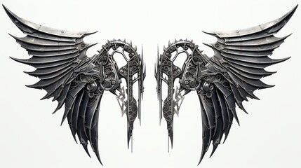 A pair of cyber punk mechanical metal wings isolated on white background, grunge style.