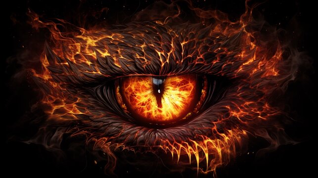 red monster night eyes with fire closeup isolated on black