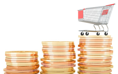 Poster - shopping cart with stacks of growing gold coins. 3d rendering isolated on transparent background