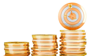 Poster - target with stacks of growing gold coins. successful business concept, 3d rendering isolated on tran