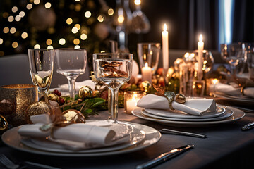 Wall Mural - Elegant table setting with candles in restaurant. Selective focus. Romantic dinner setting with candles on table in restaurant.