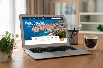 Online hotel accommodation booking website provide modish reservation system . Travel technology concept .