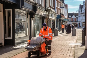 A street cleaner at work on the roads in a town.